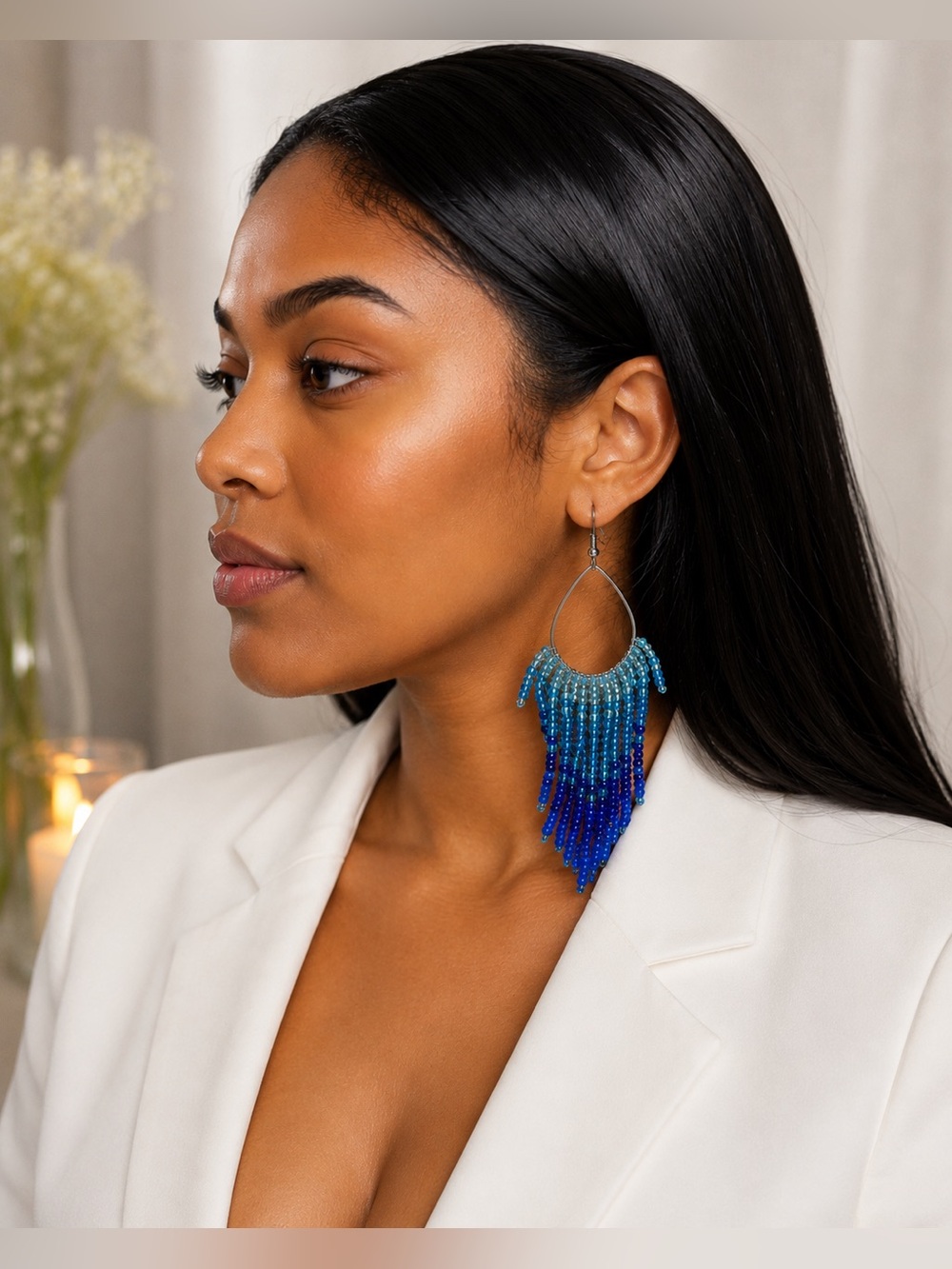 Blue Ombre Beaded Hoop Earrings